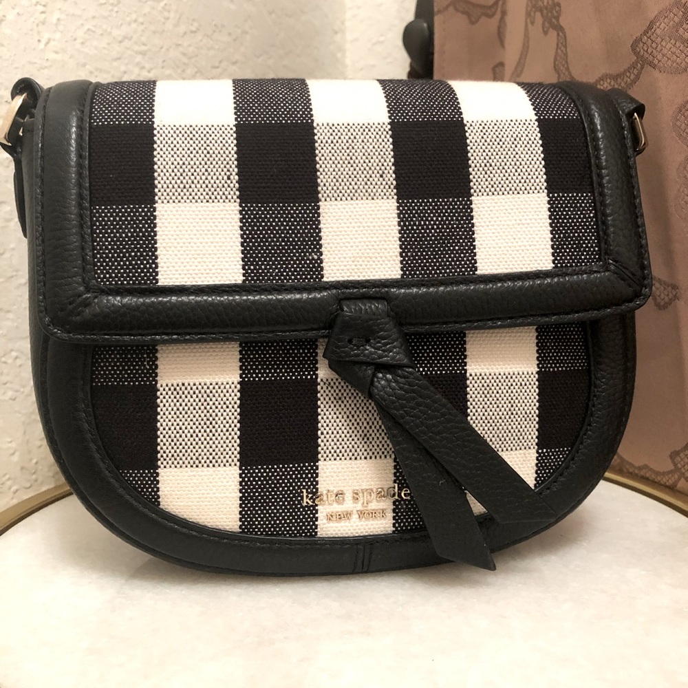 Kate Spade Knott black gingham medium saddle bag